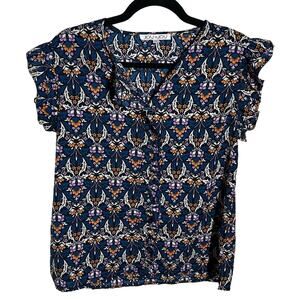 Joy Joy Women's Blue Floral Button Up Ruffle Sleeve Blouse Size Small